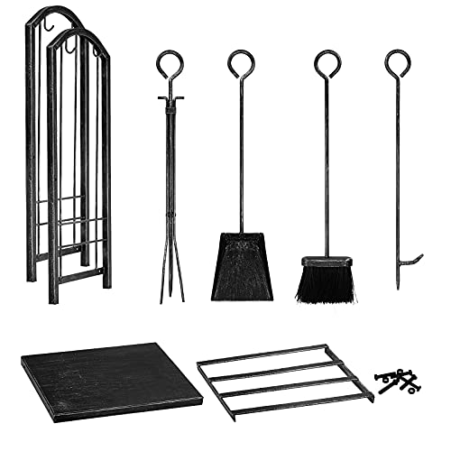 Amagabeli Firewood Rack Indoor 5 Pieces Fireplace Tools Set Fire Wood Holder with Tongs Poker Brush and Shovel Outdoor Log Rack Solid Wrought Iron Fireplace Set Kit Wood Stove Accessories Pew - WoodArtSupply