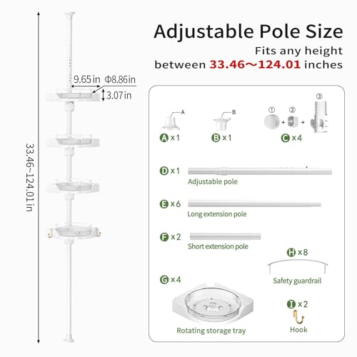 shuang qing 360° Rotating Corner Shower Caddy Tension Pole Organizer - 4-Tier Adjustable Rustproof Metal Pole, Plastic Shelves with Safety Guardrail, Bathroom Storage for Shower & Bathtub(White) shuang qing