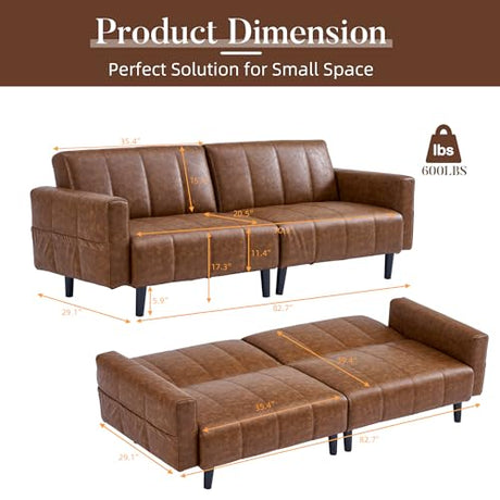 hausway 83”Faux Leather Futon Couch,Mid Century Modern Convertible Faux Leather Sofa with Adjustable Backrest,Storage Pocket,Wooden&Steel Frame for Office,Living Room,Space-Saving,Brown hausway