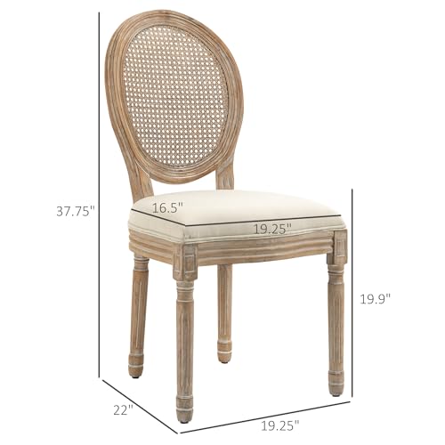 HOMCOM French-Style Upholstered Dining Chair Set, Armless Accent Side Chairs with Rattan Backrest and Linen-Touch Upholstery, Set of 2, Cream White - WoodArtSupply