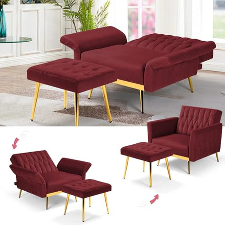 ACMEASE Velvet Accent Chair with Adjustable Armrests and Backrest, Button Tufted Lounge Chair, Single Recliner Armchair with Ottoman and Pillow for Living Room, Bedroom, Red ACMEASE