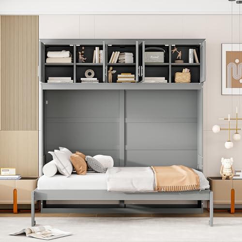 Merax Modern Murphy Cabinet Bed with Top Cabinets, Solid Wood Wall Platform Bed/No Box Spring Needed/Easy Assemble Full,Gray Merax