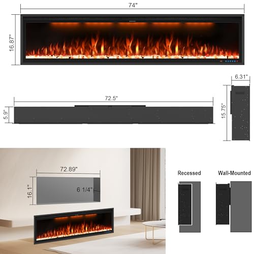 74" Smart Electric Fireplace Inserts,Slim Fireplace with APP Control & Remote Control& Touch Panel,13 Adjustable Flame Color&13 Fuel Bed Colors,750W/1500W,Black VINEMOUNT