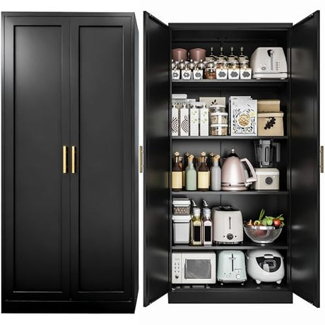 Kitchen Pantry Cabinet,71” Metal Tall Pantry Storage Cabinet with Doors and 4 Adjustable Shelves,Kitchen Storage Cabinets Black Freestanding Food Cabinet for Pantries, Kitchen, Livingroom, Dining Room BESFUR