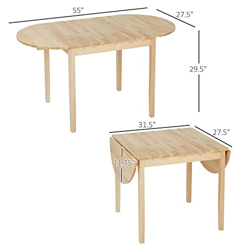 HOMCOM 55" Solid Wood Kitchen Table, Drop Leaf Tables for Small Spaces, Folding Dining Table, Natural - WoodArtSupply