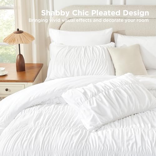 Andency Ruched White Full Size Comforter Sets, Shabby Chic Pleatd Bedding Sets 3 Pieces, Lightweight Soft Boho Ruffle Bed Set for Girls, Kids, Women, All Season Andency
