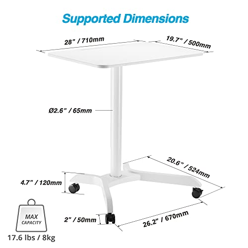 AVLT 44-inch Ambidextrous Pneumatic Laptop Standing Desk Cart (3 ft 8 in), Mobile Rolling Desk with Adjustable Height, Folding Computer & Projector Cart, White Cart with Brakes AVLT