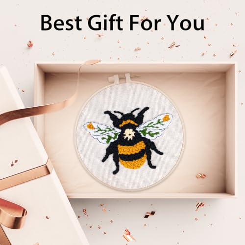 Nuberlic Punch Needle Kit for Beginners Cute Bee Pattern DIY Hoop Embroidery Punch Needle Starter Craft Set with Pre-Printed Fabric, Yarn, Frame & Tools Step-by-Step Introduction