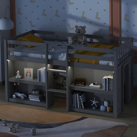 Harper & Bright Designs Low Loft Bed with Storage Shelves and LED Light for Kids, Twin Size, Gray Harper & Bright Designs