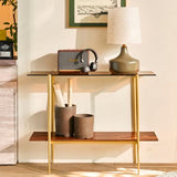 Saint Mossi 2-Tier Brown Console Table for Living Room, Modern Narrow Entryway Table, Glass Sofa Table for Hallway, Foyer, Corridor, Office, Brown Glass Top & Gold Frame, D41×H31xW13 SM Saint Mossi