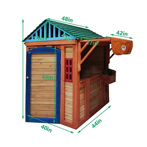 Outdoor Playhouse for Age 3-8 Years Boy Girl, Wooden Cottage Playhouse with 4 Game Awning Window, Ball Wall & Tetris. Play House for Outdoor Garden,