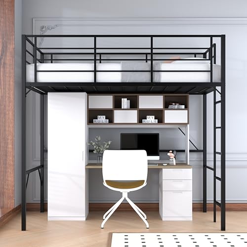 Debercu Twin loft Bed 75 inch High with High Guardrail,Space Saving Bedframe with Wide Ladder Rungs,No Sagging,Allow 12 inch Mattress Sturdy Metal Bed,Black Debercu