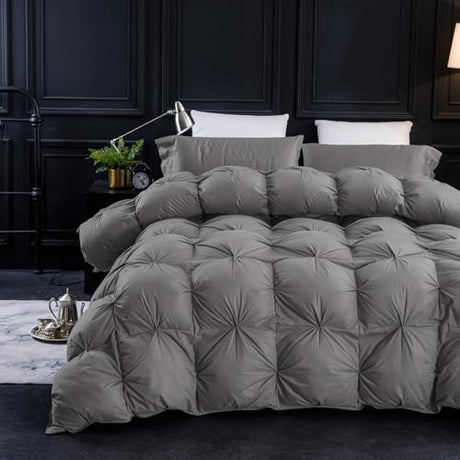 Three Geese Oversized King Size Pinch Pleat Feather Down Fiber Comforter - All-Season Down Duvet Insert Fluffy Baffle Box Design with 8 Corner Loops for Warmth and Softness. Three Geese