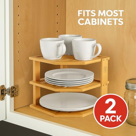 2-Pack Plate Organizer for Cabinet - Bamboo Corner Shelf for Kitchen or Bathroom Storage, Space-Saving Rack for Dishes, Countertop, Cabinet, Pantry - Organization & Housewarming Gift Bambüsi