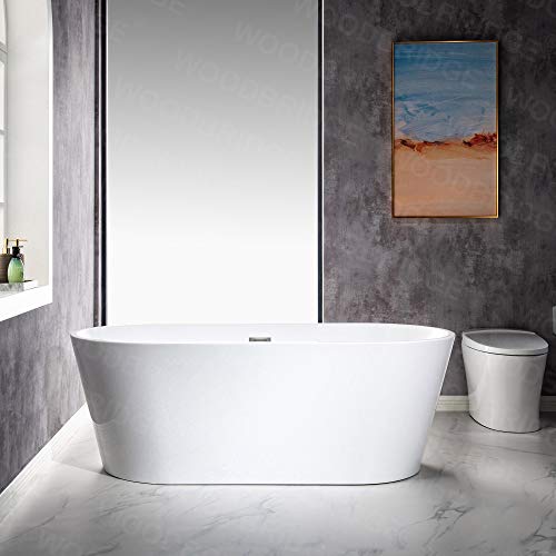 WOODBRIDGE 67" Acrylic Freestanding Bathtub Contemporary Soaking White Tub with Brushed Nickel Overflow and Drain，B0013-BN WOODBRIDGE