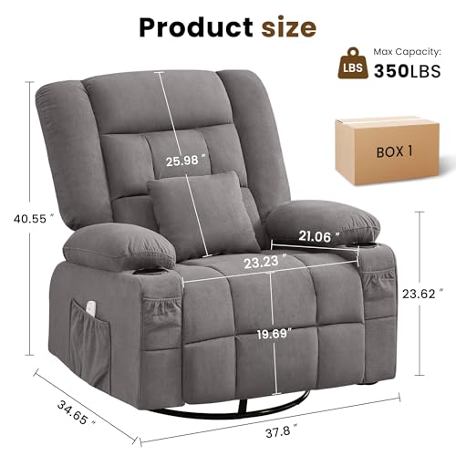 MAHOMICO Oversized Massage Swivel Recliner Chair with 4-Point 3D Kneading Massage and Heat for Living Room with Rocking Function 2 Cup Holders, USB Charge Port