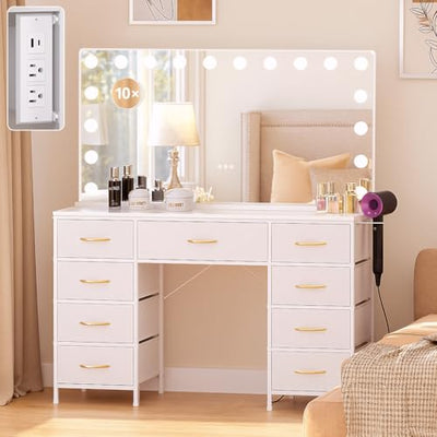 COMHOMA Vanity Desk with Large Mirror,15 LED Bulbs and Power Outlet,Makeup Table with 9 Storage Drawers and HD Mirrors,3 Color Modes Adjustable Lighting for Bedroom Dressing Room (White, 47inch)