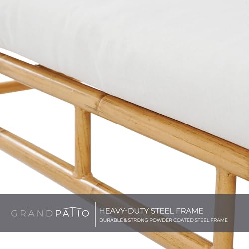 Grand patio Outdoor Loveseat with Canopy, Metal Patio Loveseat Sofa with Thick Cushion, Tropical-style Patio Furniture Featuring Imitation Bamboo Finish, White Grand patio