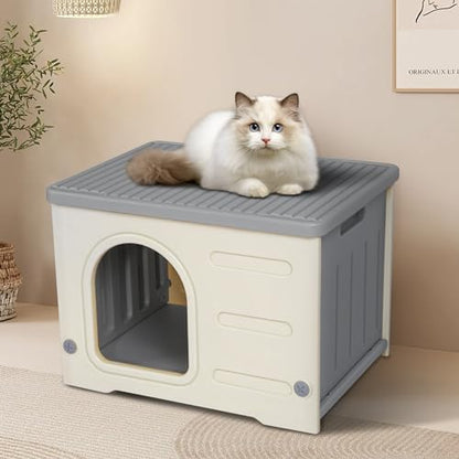 Deblue Weatherproof Cat House for Indoor Outdoor, Durable Outside Cat House for Feral Cats, Unique Cat Shelter for Small Pet, Spacious, Easy to Assemble - Grey - WoodArtSupply