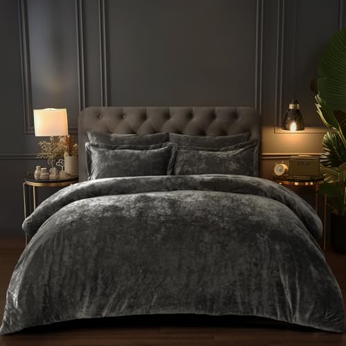PHF Crushed Velvet Comforter Set King Size, 5-Piece Luxury Winter Bedding Sets with 2 Euro Shams, Heavyweight Warm Fluffy Velvet Bed Spread, Glam Home Decor, Grey PHF