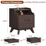 SOLACE FURNITURE Nightstand with Charging Station, 21" Tall Nightstand w/2 Storage Drawers, Wood Night Stand with Hidden Handle, 17'' Wide Modern Bedside Table for Bedroom, Brown SOLACE FURNITURE