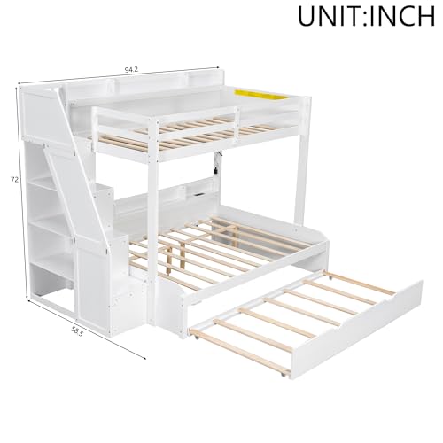 Bellemave Twin Over Full Bunk Bed with Storage Staircase, Trundle, Built-in Shelves & USB Charging Station, Space-Saving Design Bunk Bed Frame for Kids Teens, Solid Wood & MDF, White Bellemave