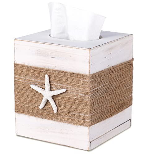 SOMTO Beach Rustic White Wood Square Tissue Box Cover,Farmhouse Bathroom Accessories Starfish Decor Tissue Holder with Slide-Out Bottom Panel…