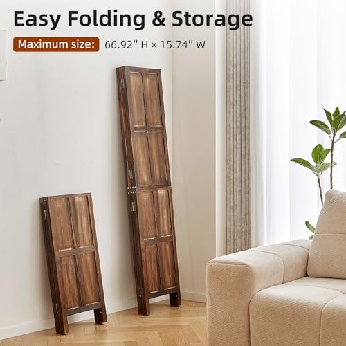 Asnefeli Wood 4 Panel Room Divider, 5.6Ft Detachable Folding Privacy Screen for Room Separation, 33.5" 2in1 Removable Short Wall Divider Screen for Home Office, Bedroom, Dog Gate for Isolate Dog-Brown Asnefeli