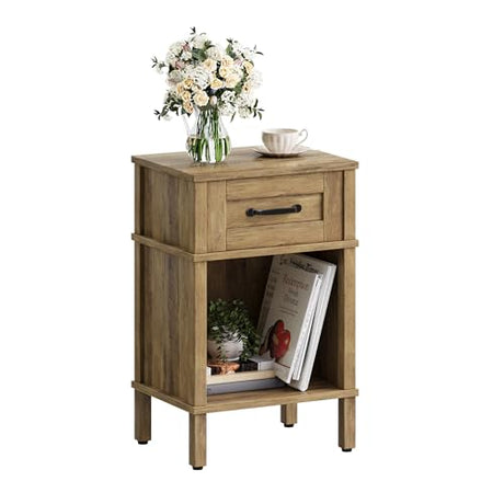 Farmhouse Nightstand with Drawer, Small Wood Bedside Table, Small Rustic Side Table, Modern End Table with Drawer, Wooden Walnut Brown Night Stand for Bedroom LET512DR YAUKTAK