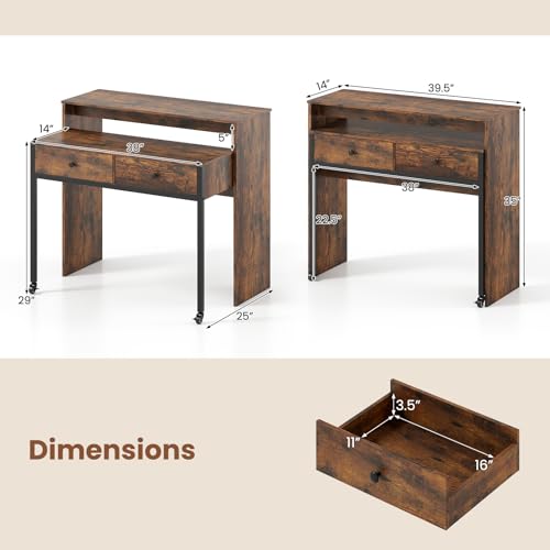 Giantex Small Computer Desk with Hutch & Drawers, Extendable Writing Desk w/Pull Out Secondary Table, Monitor Stand & Rolling Wheels, Console Table, Compact Desk for Small Spaces (Rustic Brown) Giantex