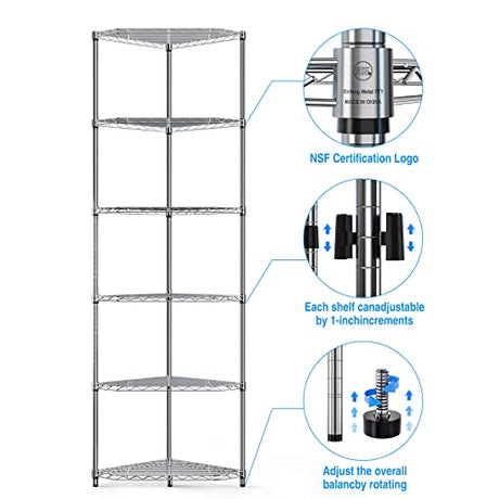 6 Tier NSF Metal Shelf Pentagonal Corner Wire Shelving Unit, 600lbs Capacity Heavy Duty Adjustable Storage Rack with Shelf Liners for Kitchen Garage Office Etc Room Corner, 72"H x 20"L x 20"D - Chrome pouseayar