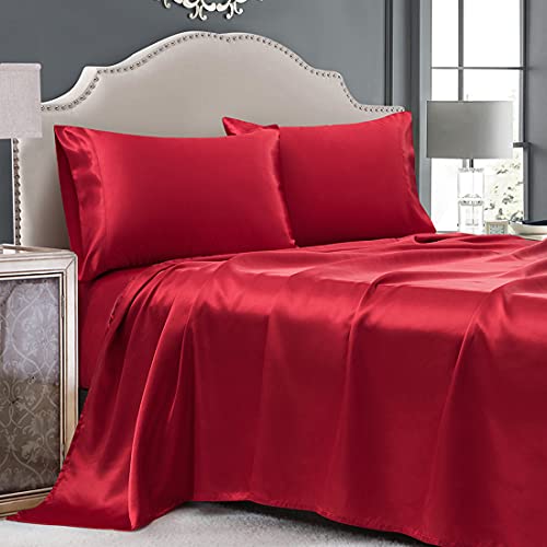 Cobedzy 3 Pcs Red Satin Sheets Twin Size Silky Satin Bedding Sheets Set with 1 Deep Pocket Fitted Sheet, 1 Flat Sheet, 1 Pillowcase Cobedzy