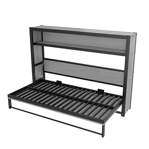GM Ultra Twin Horizontal Murphy Bed with Shelves, Folding Wall Beds Cabinet with Metal Slats, Heavy-Duty Metal Murphy Bed Frame with Bookcase for Guest Room Bedroom Office,No Box Spring Required, Gray GM Ultra