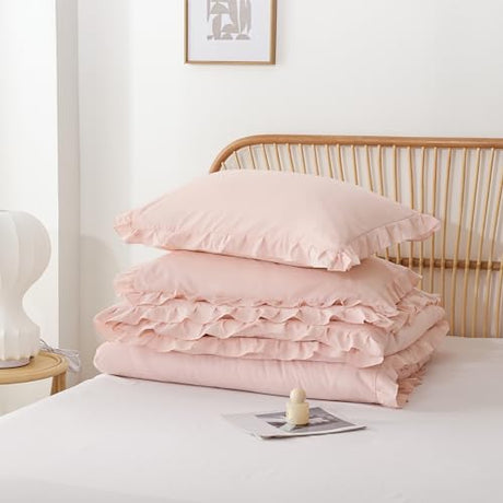 JANZAA Full Size Comforter Pink Comforter Set 3PCS 1 Ruffled Comforter Set and 2 Pillow Cases Blush Pink Bed Set Vintage Farmhouse Shabby Chic Bedding Soft All Season JANZAA