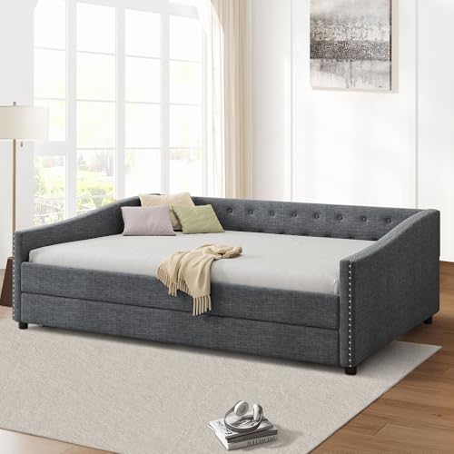 FAVSH Full Size Upholstered Daybed with Trundle,Tufted Sofa Bed w/Button on Back and Piping on Waved Shape Arms for Bedroom Guest Room, No Box Spring Needed,Dark Grey FAVSH
