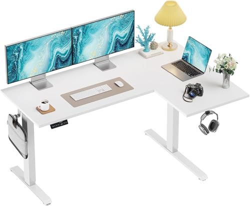 HUANUO L-Shaped Standing Desk, 63 x 40 inch Dual Motor Corner Standing Desk, Electric Height Adjustable Computer Desk with Cable Tray & 3 Preset Heights, Raising Desk for Home Office, White, HNESD109 HUANUO