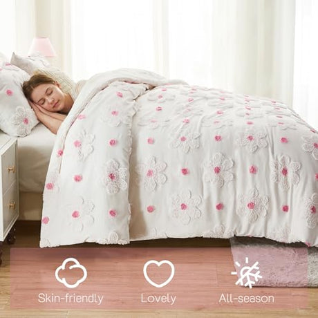 CotComf Twin Comforter Set for Girls 2 Pieces Tufted Daisies Flowers Twin Size Pink Floral Bedding Set Cute Comforter Set for Kids, Lightweight Bed Set for Kids Teen Girls Women CotComf