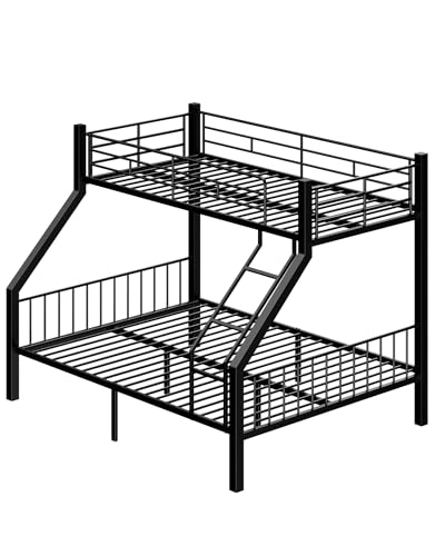 Miscoos Twin XL Over Queen Bunk Bed, Heavy Duty Bunk Bed with Safety Ladder and Full-Length Guardrails, Metal Queen Bed Frame with Slats Support for Adults, Teens, Kids, Black