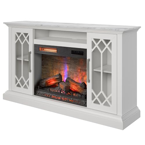 duraflame® Electric Fireplace Farmhouse Media Console for 65 Inch TVs with Glass Doors, Bright White Duraflame