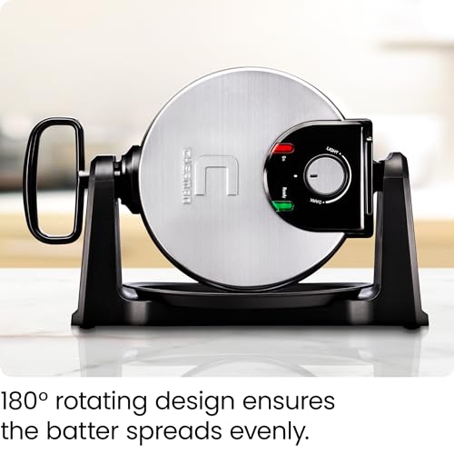 Chefman Rotating Belgian Waffle Maker, 180° Flip Iron w/ Non-Stick Plates, Adjustable Timer, Locking Lid, & Drip Plate, Space Saving Storage, Mess-Free Breakfast, Stainless Steel/Black Chefman