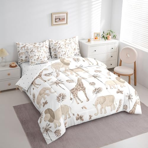 Feelyou Kids Jungle Animals Comforter Set Twin Size Elephant Lion Giraffe Bedding Sets Boys Teens African Safari Animal Bed in a Bag with 2 Pillowcases,Brown Feelyou