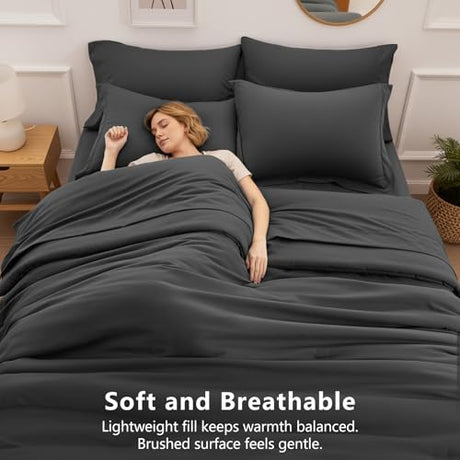 HIMEET Full Size Comforter Sets - 7 Pieces Bed in a Bag Full, Luxury Comforter Set with Sheets for All Season, Bed Set with Comforter, Flat Sheet, Fitted Sheet, Pillowcases & Shams, Dark Grey HIMEET