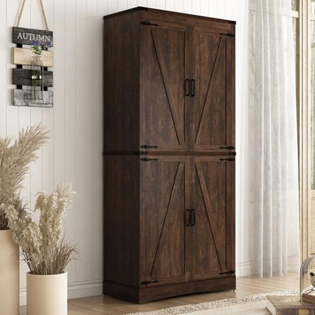 Farmhouse Tall Kitchen Pantry Cabinet with Adjustable Shelves and Barn Doors - 71" Brown Storage Solution Hlivelood