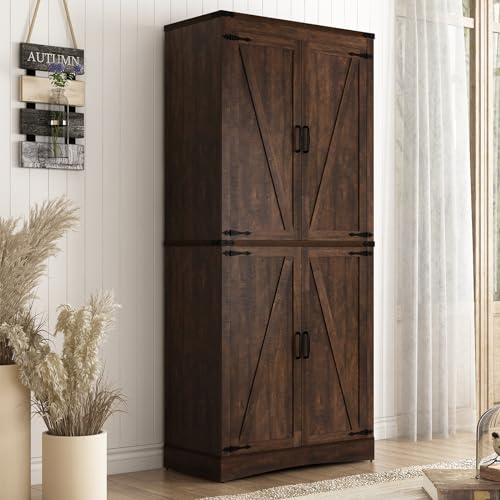 Farmhouse Tall Kitchen Pantry Cabinet with Adjustable Shelves and Barn Doors - 71" Brown Storage Solution - WoodArtSupply