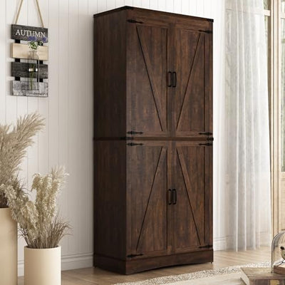 Farmhouse Tall Kitchen Pantry Cabinet with Adjustable Shelves and Barn Doors - 71" Brown Storage Solution