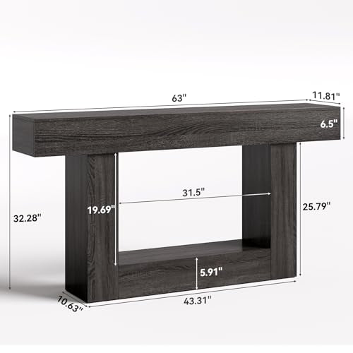 LITTLE TREE 63 Inches Long Console Table, 2-Tier Farmhouse Sofa Table Behind Couch, Large Narrow Entryway Table for Living Room, Wooden Hallway Foyer Table with Heavy Duty Base, Grey LITTLE TREE
