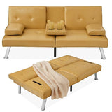 Best Choice Products Faux Leather Upholstered Modern Convertible Futon, Adjustable Folding Sofa Bed, Guest Bed w/Removable Armrests - Camel Yellow Best Choice Products