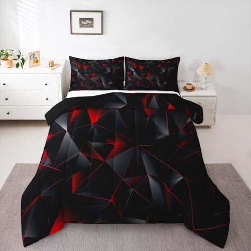jejeloiu Red and Black Comforter Set Twin Size Kids Geometric Pattern Bedding Set for Boys Girls Teens Adults, Art Aesthetic Duvet Quilt Breathable Soft Room Decor 2Pcs jejeloiu