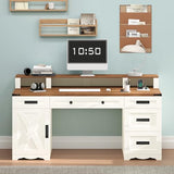 YOMILUVE Farmhouse Executive Desk with Drawers & Storage Shelves, 55" Computer Desk with Power Outlets, Home Office Desk with Monitor Stand & File Drawers, Writing Study Table, Antique White YOMILUVE