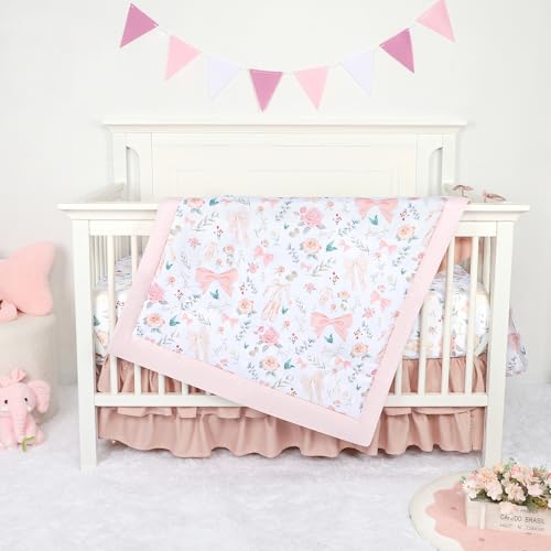 GFU Crib Bedding Set for Girls 4-Piece, Bow Baby Girl Crib Bedding Set Pink Flowes, Nursery Sets Includes Comforter, Fitted Crib Sheet, Crib Skirt, and Diaper Stacker GFU